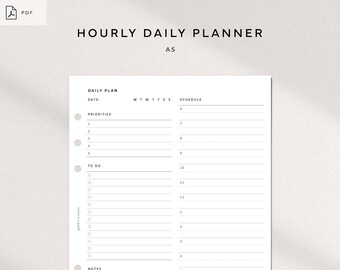 Hourly Daily Planner printable | A5 Inserts| Simple Today Template PDF| Hourly Schedule | Time Tracker, Goal Planner | digital download