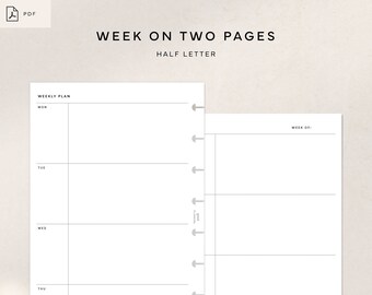 Week on Two Pages | WO2P | Undated Weekly Planner | Half Letter Printable Inserts | Minimalist Weekly Schedule Worksheet | Week at a Glance