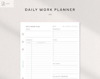 Daily Work Planner|A5 Printable|Work From Home Organizer|Work Day Schedule , Office Task Worksheet,Productivity Template|Digital Download