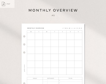 Monthly Overview | A5 Printable | Monthly Calendar Planning | Month at a Glance | To Do List Planner | MO1P Layout | Month on one page
