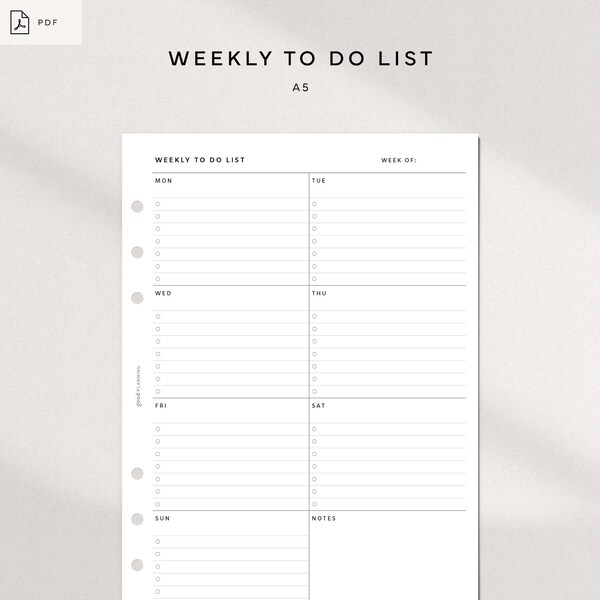 Weekly To Do List Planner | A5 Printable Inserts PDF | A week on a page | Undated Simple Tasks List | Checklist Template | Instant Download