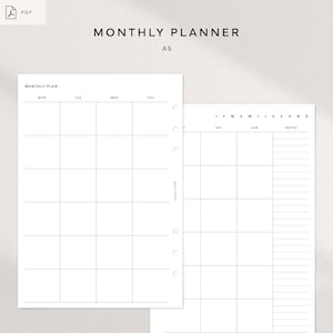 Könnte beinhalten: Zwei weiße A5-Monatsplanerseiten mit Rasterlayouts zur Planung. Die obere Seite ist mit "MONTHLY PLAN" mit Wochentagen beschriftet. Die zweite Seite hat ein Kalenderlayout mit den Monaten des Jahres und einem Notizenbereich. Die Wörter "MONTHLY PLANNER" und "good PLANNING" sind ebenfalls sichtbar.