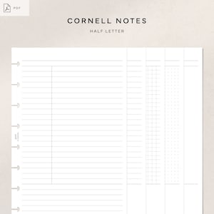 May include: Cornell Notes template for half-letter size notebooks. The template features a lined section for note-taking, a smaller section for keywords, and a gridded section for summarising information.