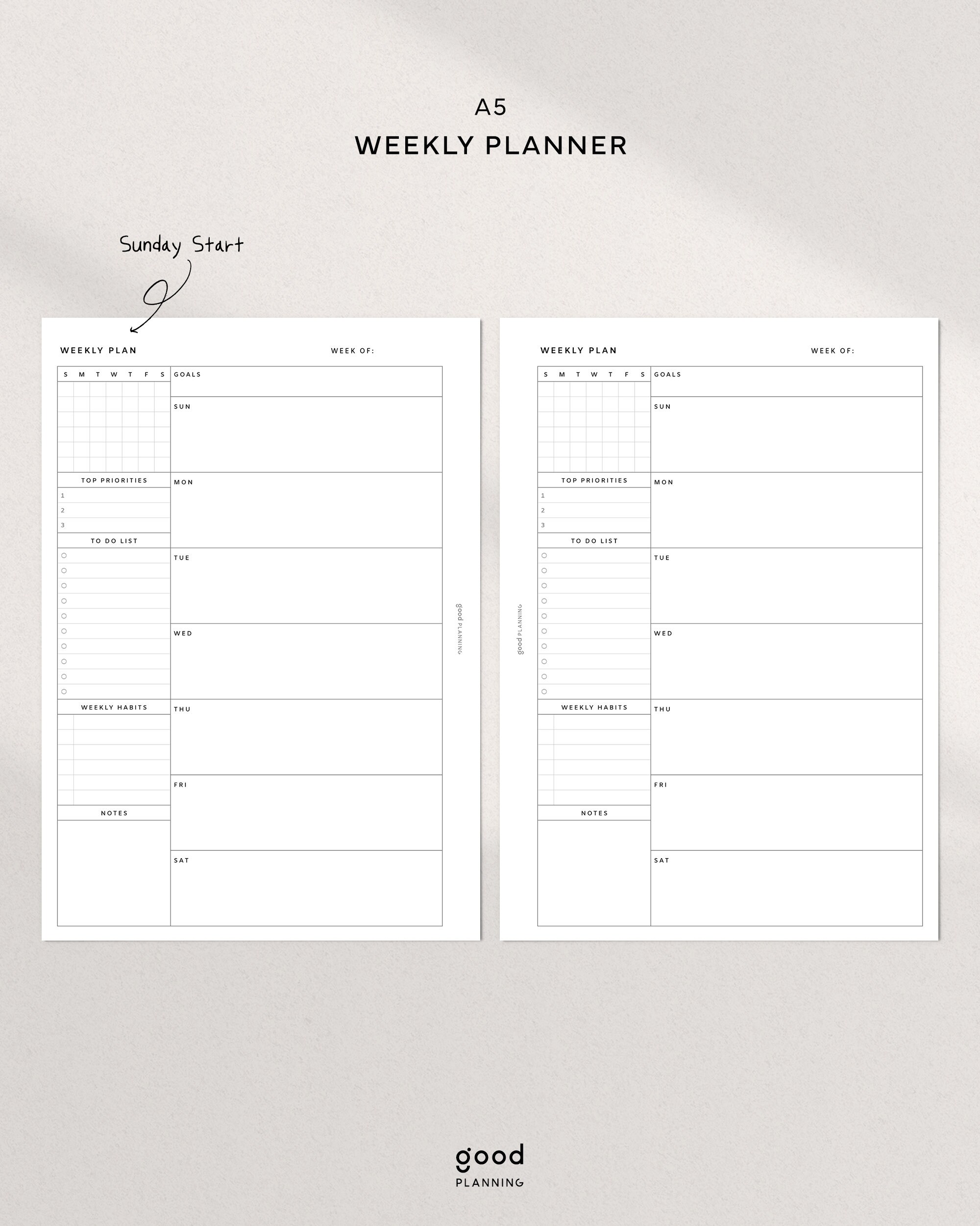 Weekly Planner A5 Ring Printable Planner Inserts PDF WO1P Layout ...