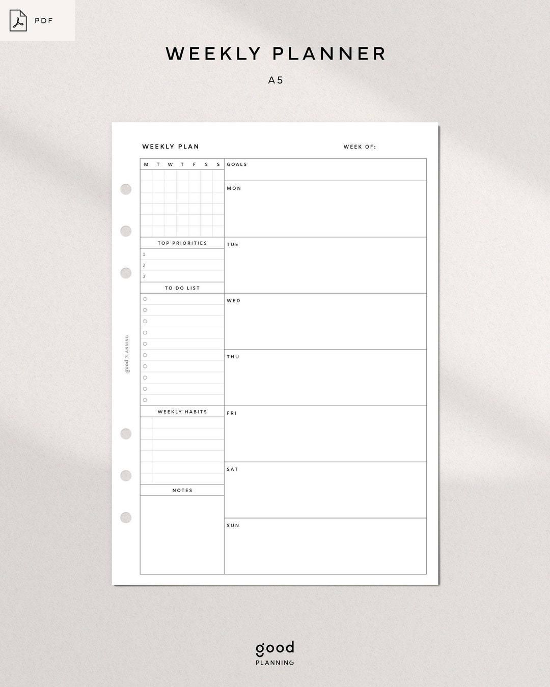 Weekly Planner | A5 Ring Printable Planner Inserts PDF | WO1P Layout ...
