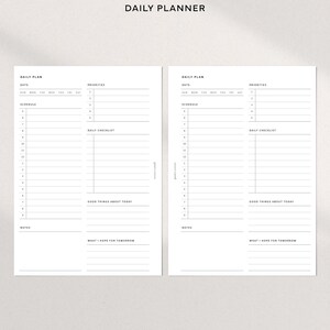 May include: A printable A5 daily planner with two pages. The pages are divided into sections for daily plans, priorities, schedules, daily checklists, good things about today, and what you hope for tomorrow.