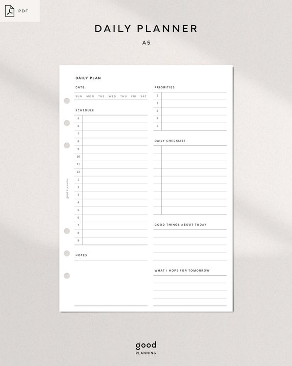 Daily Planner printable | A5, One Page, PDF| Hourly Schedule | Today Bullet Journal, Time Tracker, Undated Goal Planner | Digital Download
