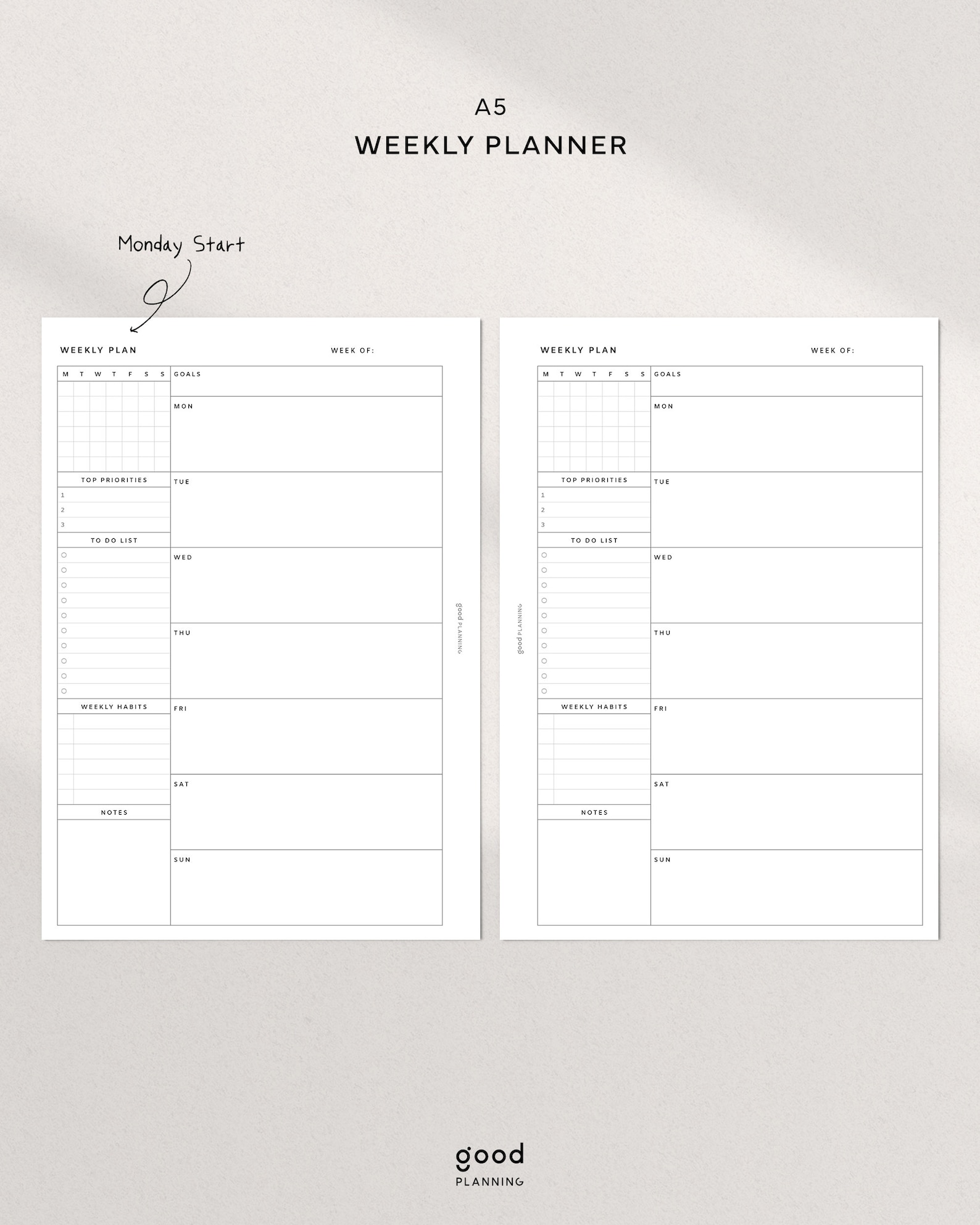 Weekly Planner | A5 Ring Printable Planner Inserts PDF | WO1P Layout ...