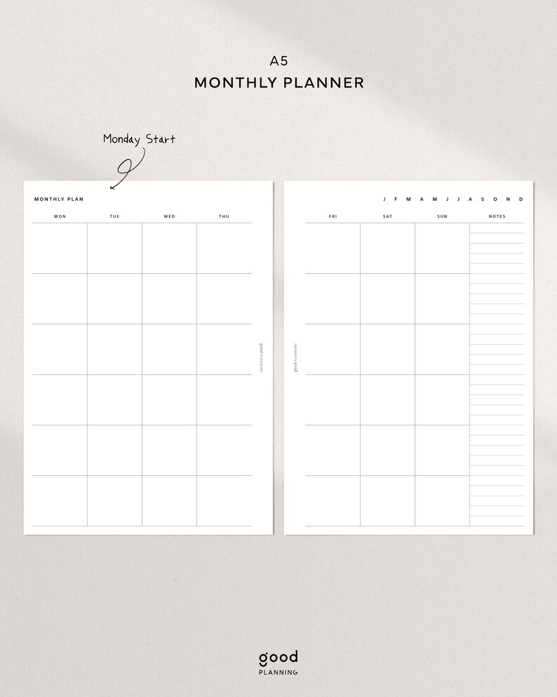 Minimalist Monthly Planner | A5 Printable Inserts | Undated Monthly ...