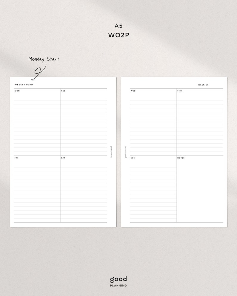 Week on Two Pages | WO2P | Undated Weekly Planner | A5 Ring Printable ...