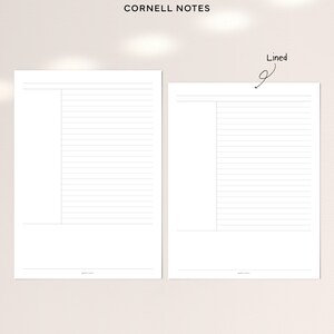 May include: Two blank Cornell note templates, one in A4 and one in US Letter size, with lined paper and a space for notes on the left side. The text "Lined" is handwritten in cursive at the top of the right page.