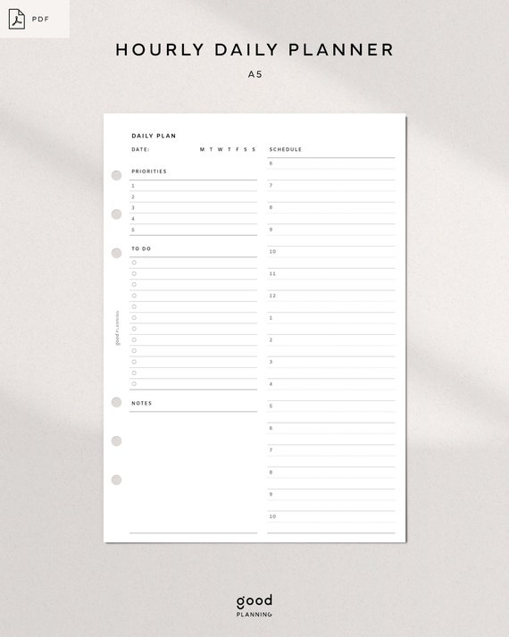 Hourly Daily Planner printable | A5 Inserts| Simple Today Template PDF| Hourly Schedule | Time Tracker, Goal Planner | Digital Download