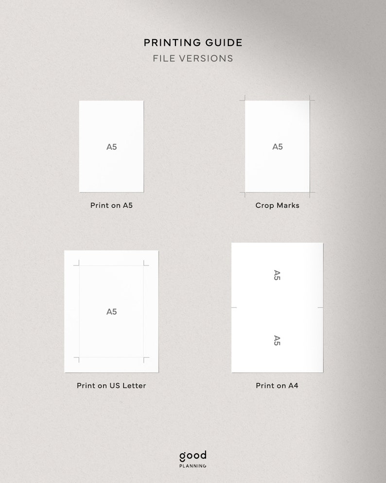 May include: A guide for printing files in different sizes. The guide shows how to print on A5, US Letter, and A4 paper. The guide also shows how to add crop marks to the A5 file.