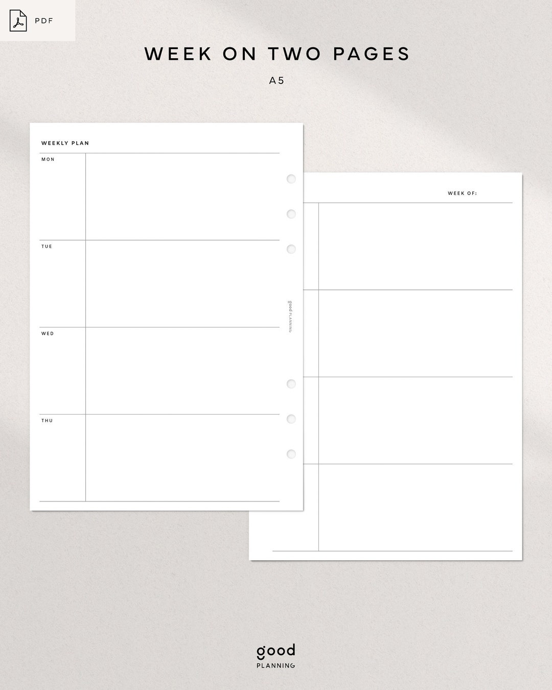 Week on Two Pages | WO2P | Undated Weekly Planner | A5 Ring Printable ...