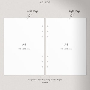 May include: A size guide for A5 paper, showing the dimensions of the paper and the margin for hole punching. The guide shows the left and right pages of the paper, with the dimensions of 148 x 210 mm. The margin for hole punching is 12.7 mm.