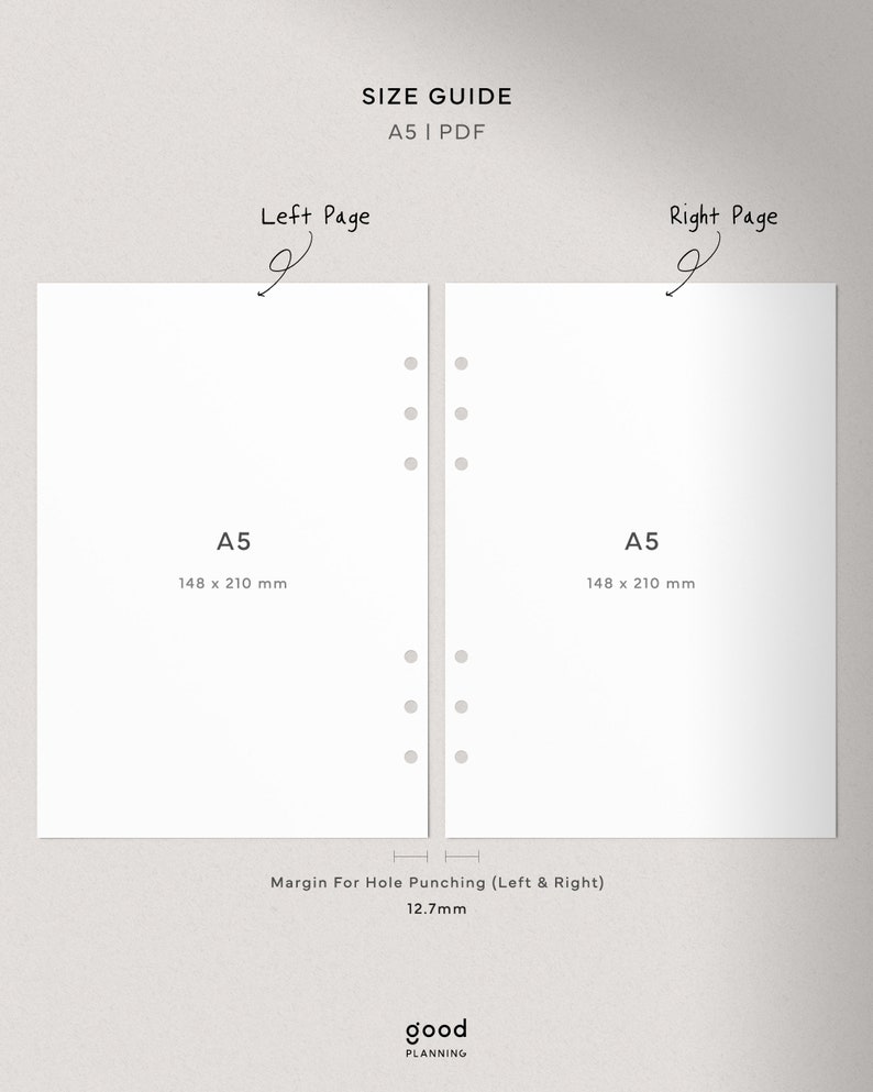May include: A size guide for A5 paper, showing the dimensions of the paper and the margin for hole punching. The guide shows the left and right pages of the paper, with the dimensions of 148 x 210 mm. The margin for hole punching is 12.7 mm.
