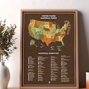 US Nationalpark Karte, Checkliste, Outdoor Karte, Wandergeschenk, Outdoor Karte, Wanddeko, Wanddeko, 63 National Parks