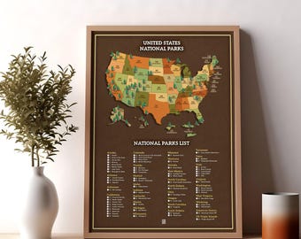 Lista de verificación de mapas de parques nacionales de EE. UU., Regalo de explorador al aire libre, Impresión de arte de senderismo, Impresión de mapas de exploradores, Decoración del hogar, 63 parques nacionales