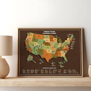 May include: A vintage-style map of the United States showing the locations of all the National Parks. The map is printed on brown paper with a list of all the parks below the map. The map is framed in a brown wood frame.