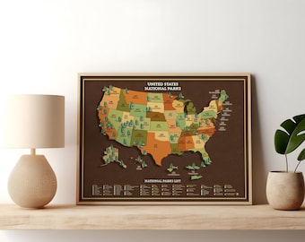 US National Park Map Checklist Horizontal Poster, Outdoor explorer gift, Hiking Art Print, Explorer map print, Home decor, 63 National Parks