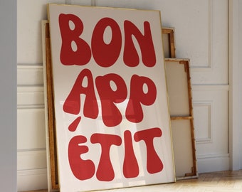 Bon Appetit Poster Trendy Typography Print Cute French Quote Poster Kitchen Wall Art Red Maximalist Kitchen Decor Instant Digital Download