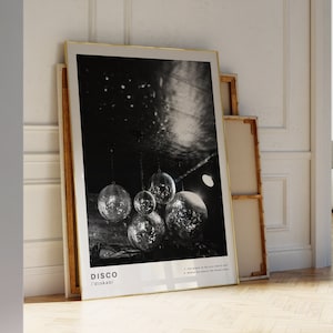 Impresión de bola de discoteca retro, arte de pared en blanco y negro, póster de discoteca de moda, bola de espejos de lujo imprimible, póster de discoteca de los años 70, descarga digital instantánea