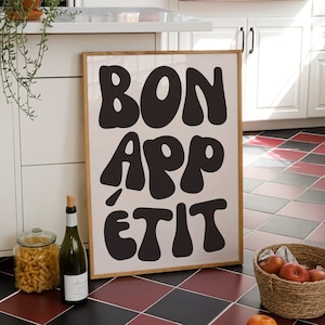Bon Appetit Plakat Modny Typografia Wydruk Francuski Cytat Plakat Nowoczesna Sztuka Ścienna Do Kuchni Maksymalistyczny Wystrój Kuchni Natychmiastowe Pobieranie Cyfrowe
