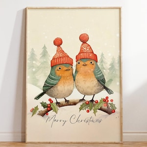 Impresión navideña vintage, póster de pájaros lindos en invierno, arte de pared de feliz Navidad, decoración navideña para sala de estar, descarga digital de decoración festiva
