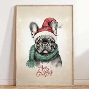 Weihnachten Frenchie Poster Niedliche festliche französische Bulldogge Druck Vintage Weihnachtswandkunst für Tierliebhaber Trendy Wohnheim Zimmer Dekor Digitaler Download