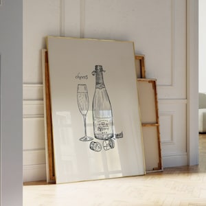 Champagne Wall Art Bar Cart Print Cheers Poster Minimalist Champagne Drawing Trendy Kitchen Wall Art Kitchen Decor Instant Digital Download