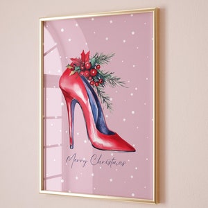 Rosa Weihnachtsdekor festliche rote High Heel Druck Girly Xmas Wand Kunst Trendy Xmas Wohnheim Zimmer Dekor Frohe Weihnachten Wand Kunst Digital Download