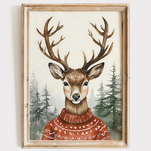 Vintage Reindeer Print Cute Christmas Painting Trendy Holiday Dorm Room Decor Watercolor Christmas Print Festive Wall Art  Digital Download
