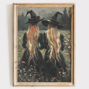 Witchy Halloween Art Print: Witches in Flower Field, Dark Academia (Digital Download)