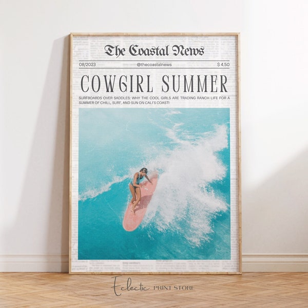 Coastal Cowgirl Wall Art Trendy Newspaper Print Surfer Girl Poster Coastal Cowgirl Aesthetic Preppy Surf Poster Instant Digital Download