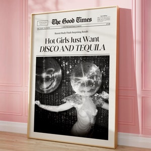 Trendy Newspaper Print Disco And Tequila Poster Girly Dorm Room Decor Vintage Newspaper Print Trendy Disco Wall Art Instant Digital Download