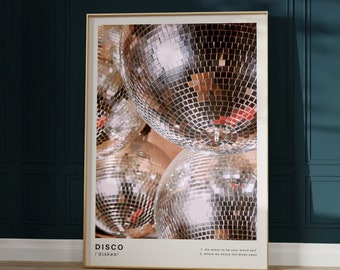 Sparkling Disco Ball Print Golden Mirror Ball Poster Vintage Disco Definition Print Trendy Disco Dorm Room Decor Instant Digital Download