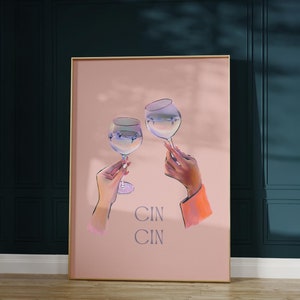 ピンクのバーカートプリント、Cin-Cinポスター、乾杯の壁アート、かわいいキッチンプリント、ガーリーな壁飾り、キッチンプリント、トレンディなプリント、インスタントデジタルダウンロード