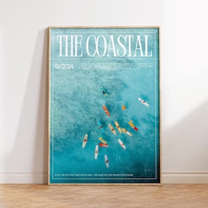 Küsten Magazin-Cover Adrette Küsten Wandkunst Retro Surf Magazin Poster Blau Surfen Wandkunst Trendige Zeitung Druck Sofortiger digitaler Download