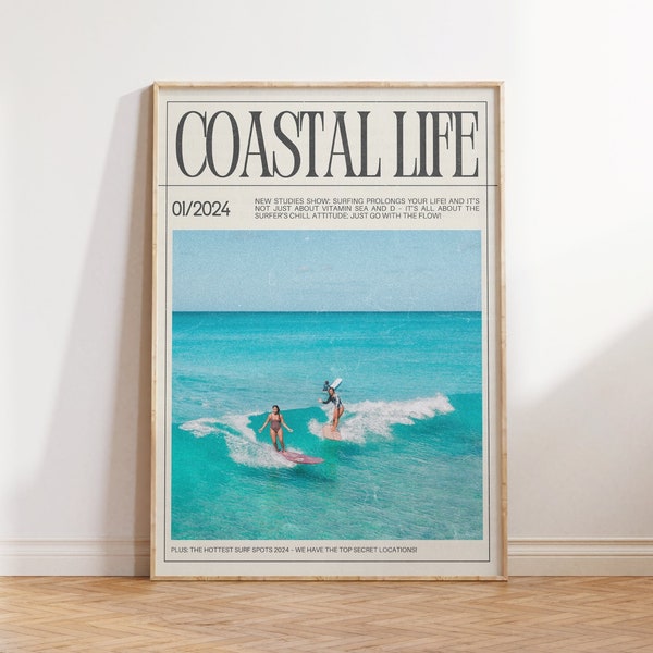 Coastal Cowgirl Print Magazine Cover Art Trendy Coastal Art Surf Wall Art Surfer Girl Print Preppy Newspaper Art Instant Digital Download