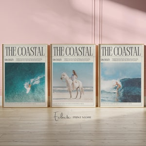 Coastal Cowgirl Print Set of 3 Surf Magazine Cover Art Preppy Coastal Wall Art For Dorm Room Trendy Surfer Girl Wall Art Digital Download