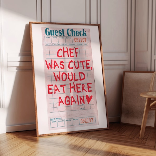 Chef Was Cute Print Trendy Guest Check Print Cute Kitchen Decor Red Typography Poster Aesthetic Bar Cart Wall Art Instant Digital Download