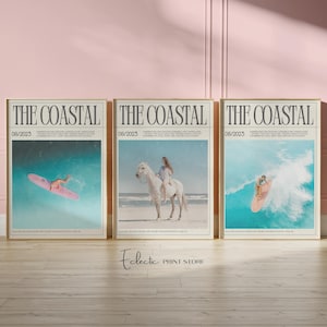 Coastal Cowgirl Set of 3 Prints Girly Surf Wall Art For Dorm Room Trendy Magazine Cover Beachy Wall Decor For Living Room Digital Download