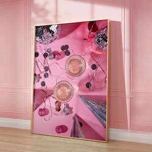 Pink Bar Cart Print Preppy Champagne Poster Bar Cart Decor Girly Kitchen Decor Trendy Oil Painting Pink Disco Print Instant Digital Download