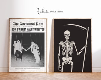 Trendy Halloween Set of 2 Prints Spooky Halloween Newspaper Print Grim Reaper Print Spooky Autumn Dorm Room Decor Instant Digital Download