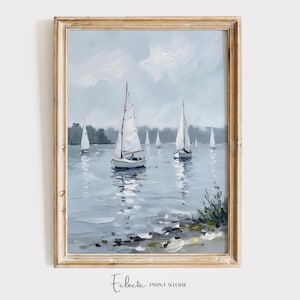 Vintage Sailboat Print Nautical Wall Art Pastel Summer Painting Rustic Oil Painting Antique Lake House Print Seascape Decor Digital Download