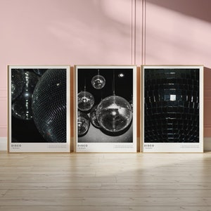 Juego de 3 impresiones de bola de discoteca negra, arte de pared de bola de espejos oscura, póster de discoteca de lujo de los años 70, impresión de definición de discoteca vintage, descarga digital instantánea