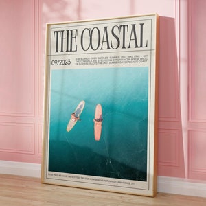 Póster de periódico costero, estampado de vaquera costera, arte mural preppy surfero, portada de revista, arte de periódico de moda, descarga digital instantánea