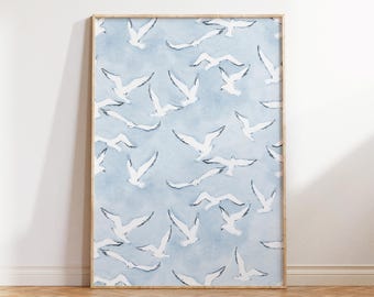 Bird Print Blue Coastal Wall Art Prints Nautical Decor Neutral Wall Art Seagulls Flying Art Bird Wall Art Beach House Decor Digital Download