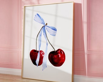 Cherry Poster Ma Chèrie Wall Art Coquette Blue Bow Print College Girl Room Decor Trendy Wall Art Retro Cherry Print Instant Digital Download