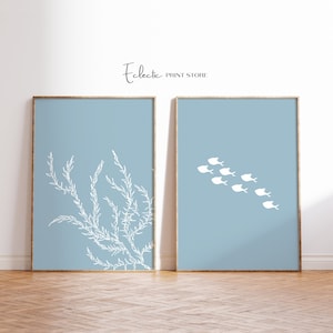 Coastal Print Set: Blue Beach Decor, Fish Swarm Art (Digital Download)